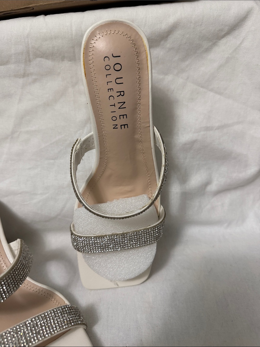 Journee Collection White Rhinestone Double-Strap Block Heels - Picture 2 of 5